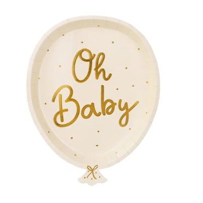 Balão oval creme com texto dourado Oh Baby e pontos dourados.