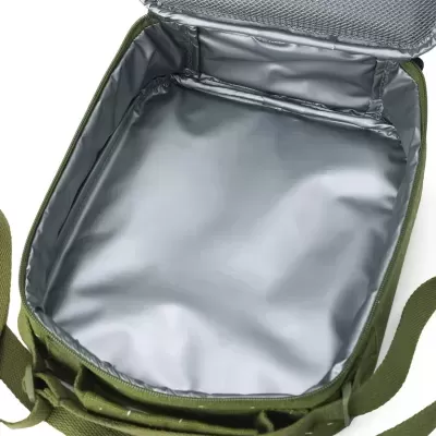 Bolsa térmica verde militar com interior prateado e tampa de rede