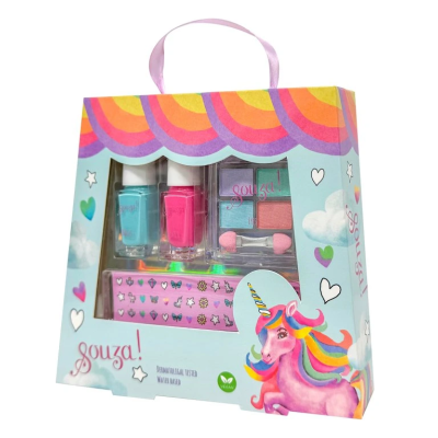 Kit maquilhagem infantil vernizes azul e rosa paleta sombras estojo rosa embalagem colorida unicórnio