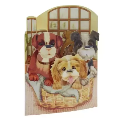 Painel decorativo de madeira com imagem de três cães num cesto de verga