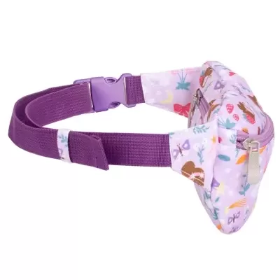 Pochete infantil lilás com padrão colorido e cinto roxo