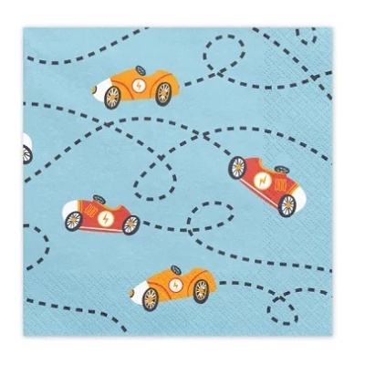 Pano azul claro com padrão de carros antigos em laranja e vermelho e caminhos tracejados pretos