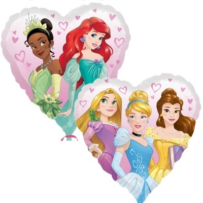 Balões em forma de coração com princesas Disney Tiana, Ariel, Rapunzel, Cinderela e Bela.