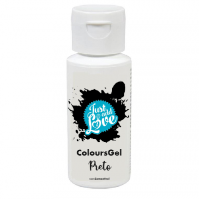 Frasco branco com gel preto com rótulo 'Just add Love ColoursGel Preto'.