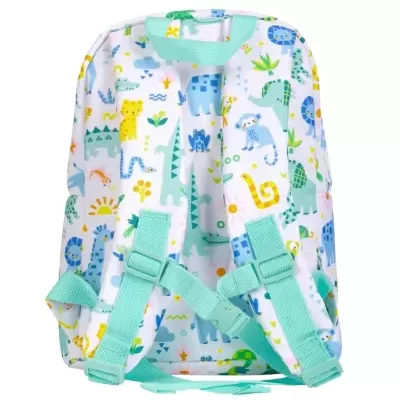 Mochila infantil branca com padrão de animais coloridos e alças verdes água