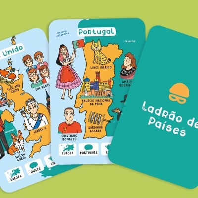Cartas coloridas com mapas e ilustrações de países da Europa e texto em português.