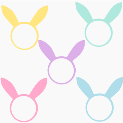 Cinco molduras circulares com orelhas de coelho coloridas sobre fundo branco