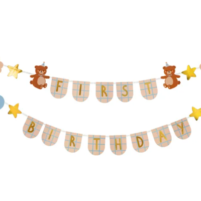 Guirlanda decorativa com ursos, estrelas e balões para festa com texto FÜRST BIRTHDAY