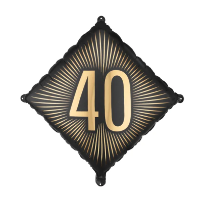 Balão quadrado preto com número 40 dourado e linhas douradas