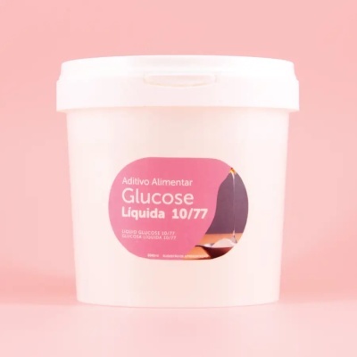 Recipiente branco com rótulo rosa de Glucose Líquida 10/77