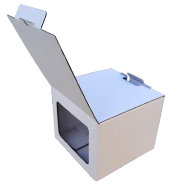 Caixa de cartão branca com janela transparente e tampa aberta