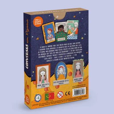 Caixa do produto Conversas em Pijama com ilustrações e texto em português