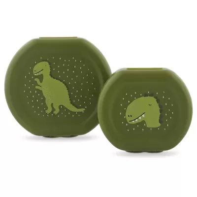 Duas caixas plásticas verdes com desenhos de dinossauros