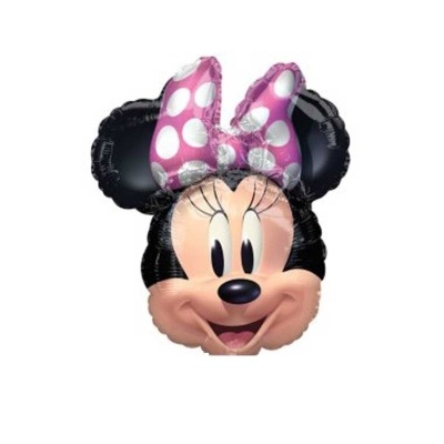 Balão alumínio rosto Minnie Disney laço rosa bolinhas