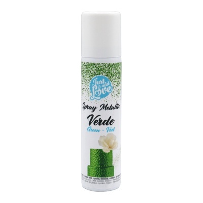 Spray metálico verde da Just add Love com embalagem branca e imagem de bolo verde