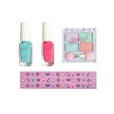 Conjunto de maquilhagem infantil com vernizes azul e rosa, paleta de sombras em quatro cores e tira decorativa com desenhos coloridos