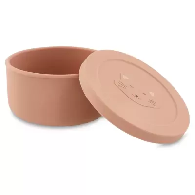 Recipiente rosa claro com tampa e desenho de rosto de gato