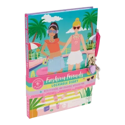 Diary with lock and keys, illustrated cover with two girls by a pool and tropical background