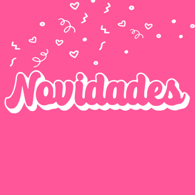 fundo rosa com texto 'Novidades' em branco e rosa com desenhos decorativos brancos