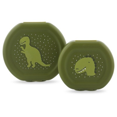 Conjunto de caixas de plástico verde com desenhos de dinossauros