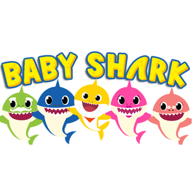 Desenho animado colorido de cinco tubarões felizes com texto BABY SHARK