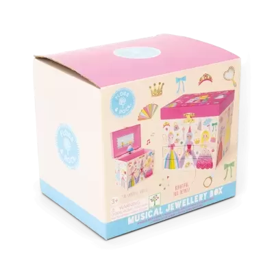 Embalagem de caixa musical para joias com design de princesas e cores rosa, azul, creme.