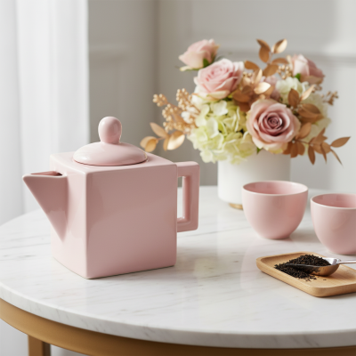 Bule de chá e chávenas cor-de-rosa com arranjo floral em mesa branca