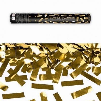 Confetti cannon preto e dourado com confetes dourados retangulares