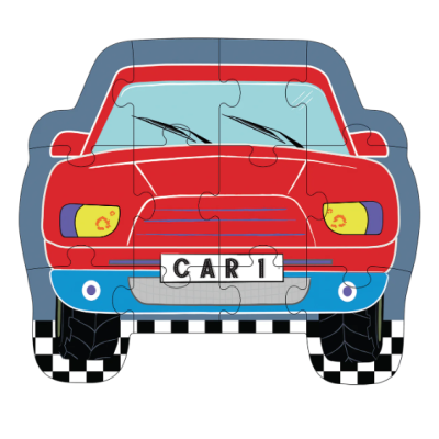 Puzzle de um carro vermelho visto de frente com faróis amarelos e placa CAR 1.