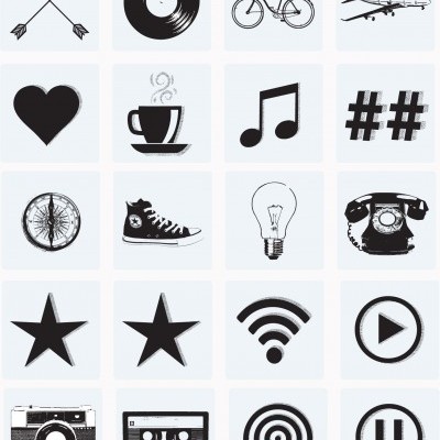 Ícones monocromáticos variados em quadrícula