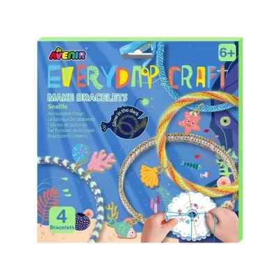 Conjunto para fazer pulseiras com tema marinho e 4 pulseiras coloridas em embalagem azul