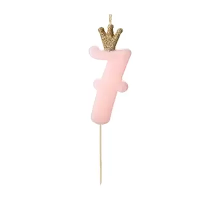 Vela de aniversário número 7 cor de rosa com coroa dourada