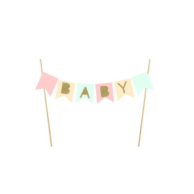 Bandeirola decorativa para bolo com letras 'BABY' em cores pastel e dourado