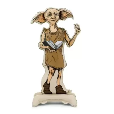 Boneco de tecido de personagem com orelhas grandes, túnica castanha, botas e livro aberto