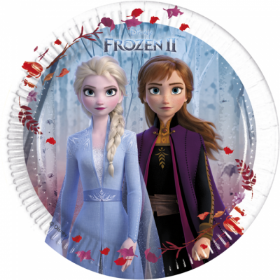 Prato descartável de papel Frozen II com imagens das personagens Elsa e Anna