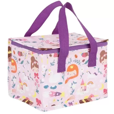 Bolsa térmica retangular com padrão infantil colorido em fundo rosa e alças roxas