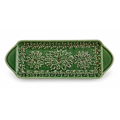 Tabuleiro cerâmico verde com decoração de folhas em relevo e frutos vermelhos