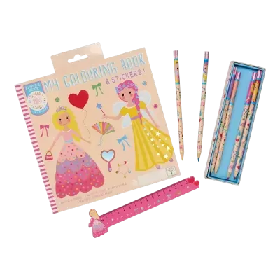Conjunto de livro de colorir, lápis decorados e régua rosa com boneca de princesa