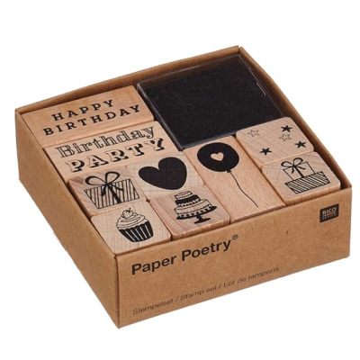 Conjunto de carimbos de madeira para aniversário com textos e imagens em caixa de cartão