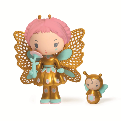 Duas figuras de brinquedo douradas com asas e detalhes florais em rosa e azul