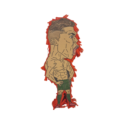 Boneco em tecido bordado de lutador musculado com roupa verde e cabelo castanho.