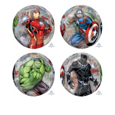 Balões redondos com personagens Marvel Homem de Ferro, Capitão América, Hulk e Pantera Negra.