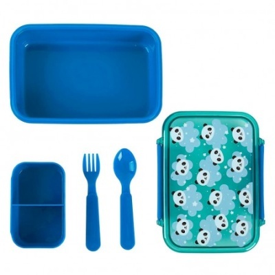 Conjunto de lancheira com tampa decorada com ursos polares e talheres azuis