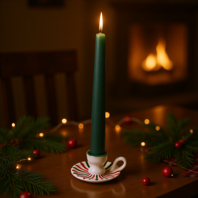 Castiçal de cerâmica com vela verde acesa e decoração de Natal