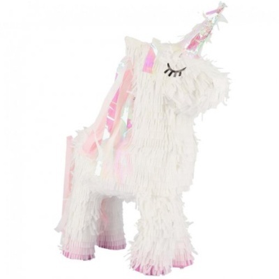 Piñata unicórnio branco com franjas, detalhes rosa e roxo e fitas coloridas
