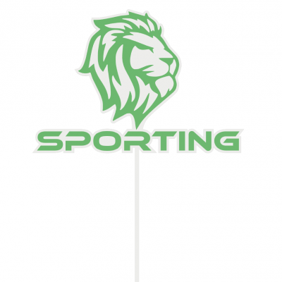 Logótipo verde de leão com a palavra SPORTING em suporte branco