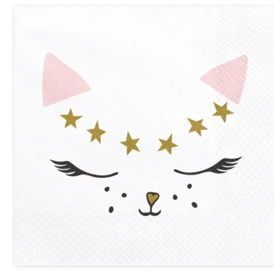 Guardanapo com estampa de rosto de gato em rosa, preto e dourado