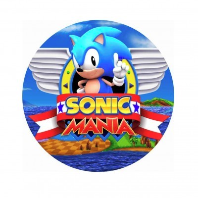 Logotipo do videojogo Sonic Mania com personagem Sonic e paisagem