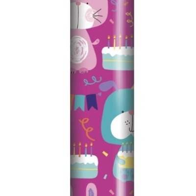 Papel de embrulho colorido com animais e bolos de aniversário