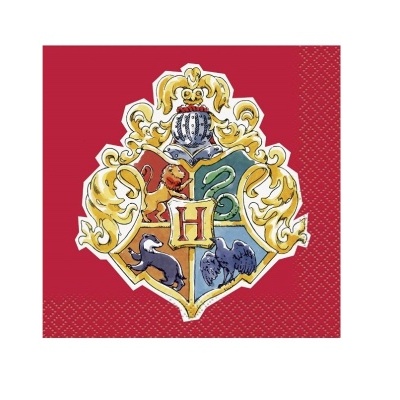 Guardanapo vermelho com escudo de Hogwarts e animais coloridos